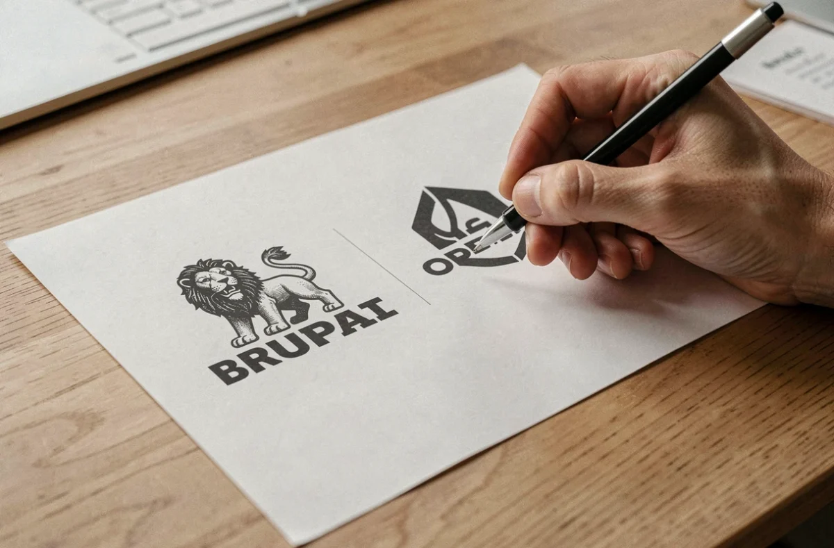 Comparaison de l'ancien et du nouveau logo Intermarché sur une feuille imprimée posée sur un bureau en bois avec la main d'un designer