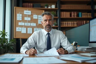 Comptable examinant des documents de structuration d'une holding avec une expression préoccupée dans un bureau professionnel