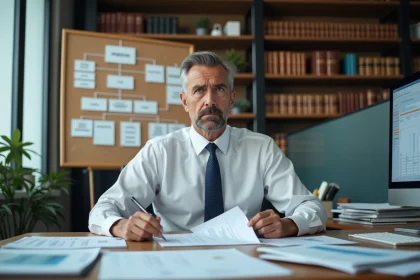 Comptable examinant des documents de structuration d'une holding avec une expression préoccupée dans un bureau professionnel