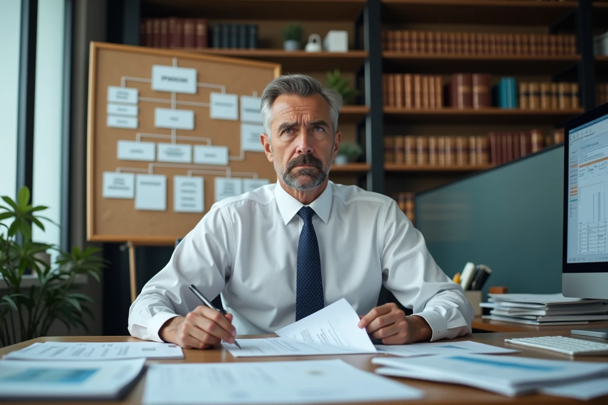 Comptable examinant des documents de structuration d'une holding avec une expression préoccupée dans un bureau professionnel
