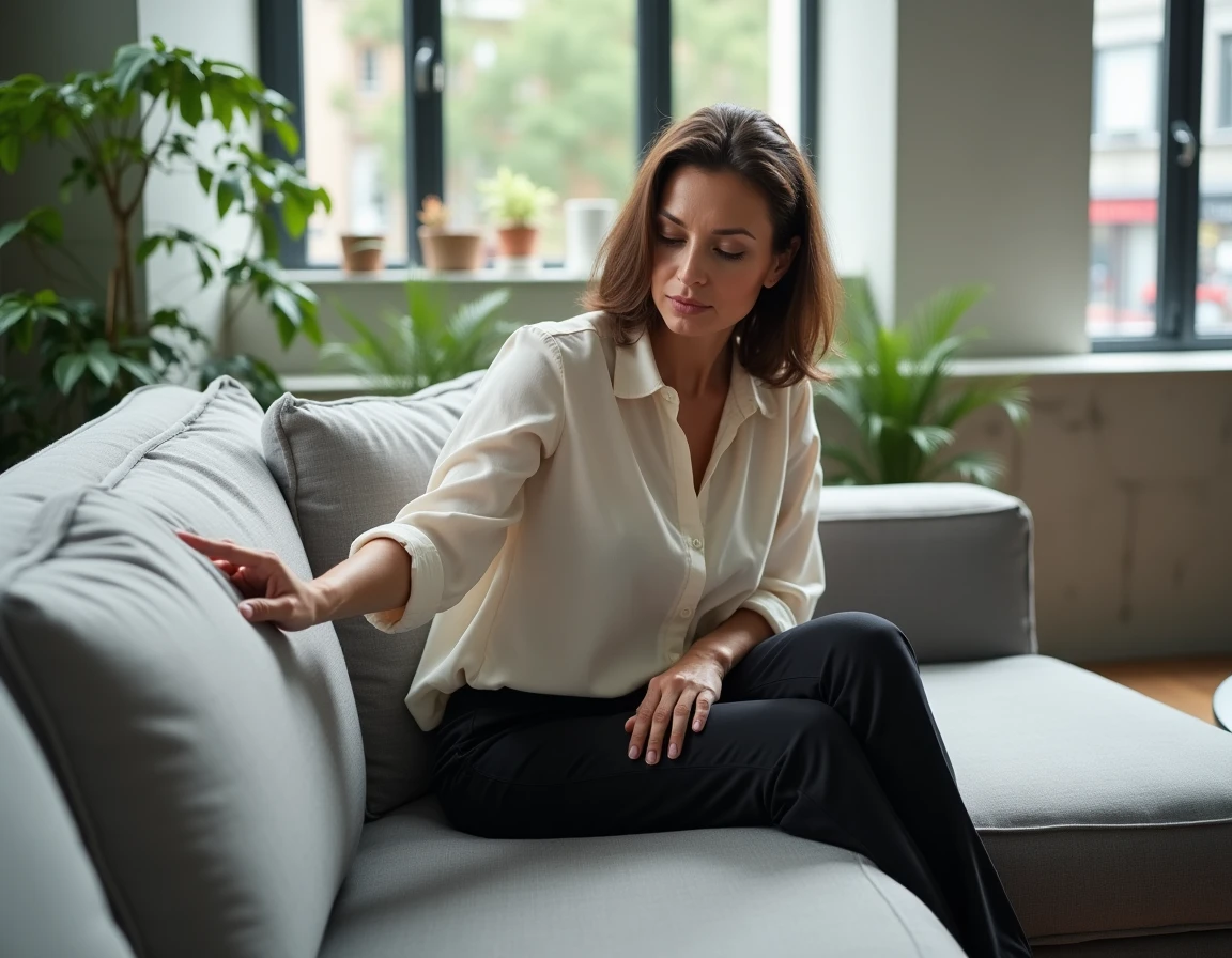 Femme testant le confort d'un canapé d'angle SOFFRAN Tapizados en tissu gris dans un salon moderne