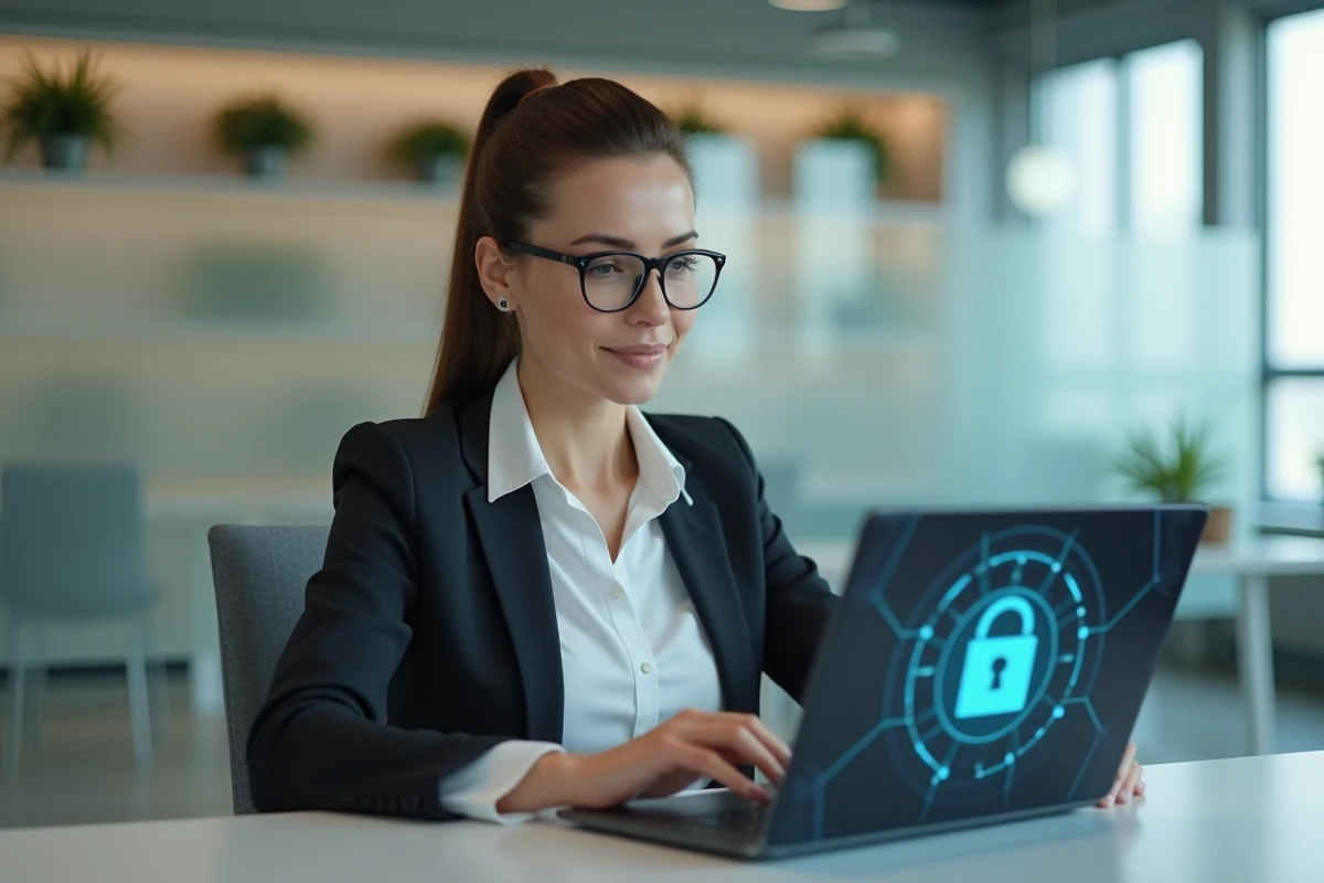 Salariée se connectant à l'espace personnel Arkevia coffre sur un ordinateur portable au bureau