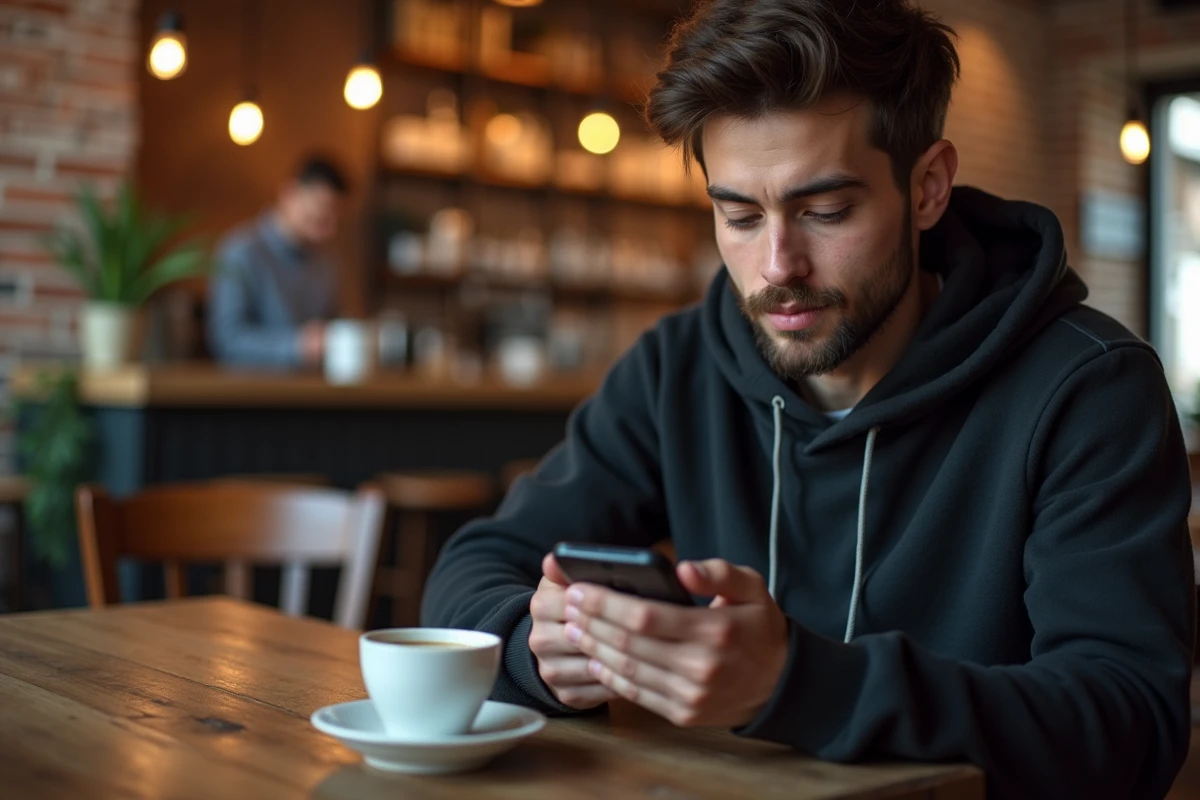 Jeune professionnel se connectant &agrave; l'intranet Inetum sur smartphone depuis un caf&eacute;