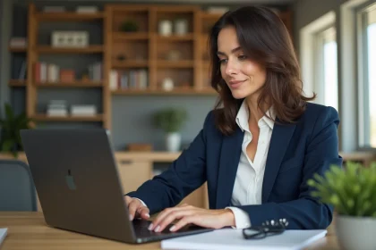 Femme professionnelle connectée à l'intranet Inetum depuis son bureau à domicile sur un ordinateur portable