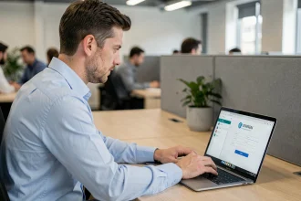 Homme en bureau moderne se connectant à un portail de gestion professionnelle sur ordinateur portable en 2026