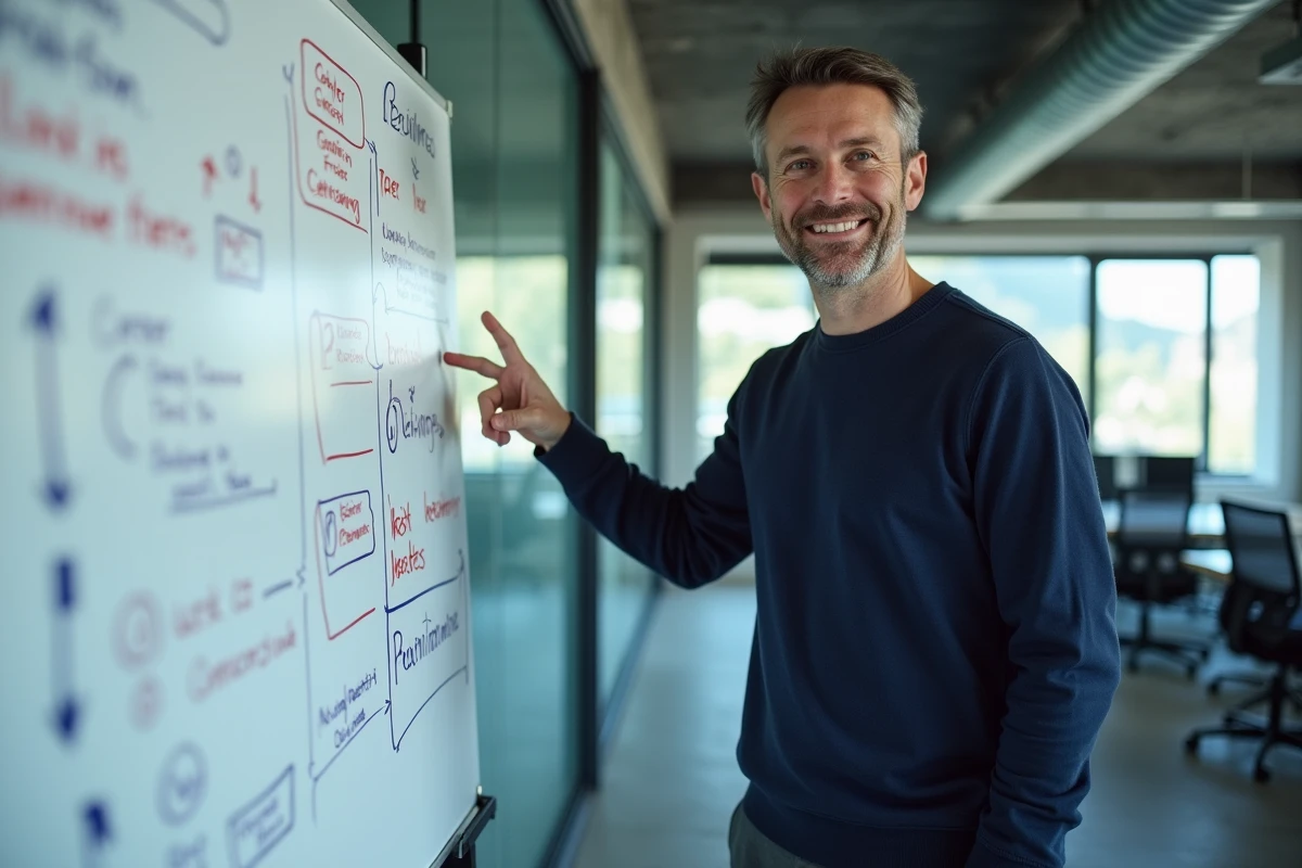 Consultant en stratégie digitale présentant une feuille de route business sur un tableau blanc dans un espace de coworking moderne