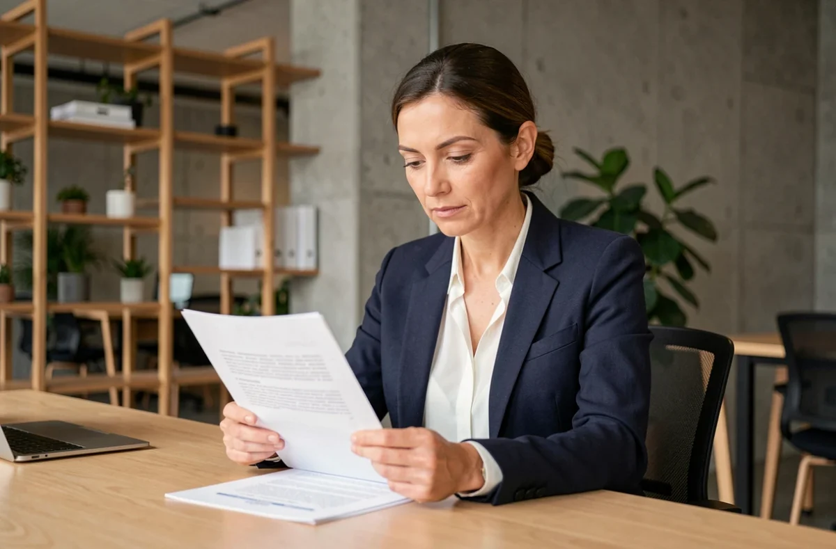 Consultante indépendante analysant un contrat de portage salarial dans un espace de coworking moderne