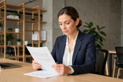 Consultante indépendante analysant un contrat de portage salarial dans un espace de coworking moderne