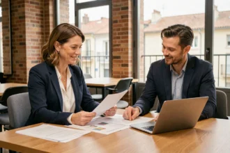 Consultante en portage salarial à Toulouse discutant d'un contrat avec une professionnelle indépendante dans un espace de coworking moderne