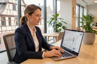 Consultante SEO en Alsace analysant les performances de référencement local sur son ordinateur portable dans un bureau moderne avec vue sur Strasbourg