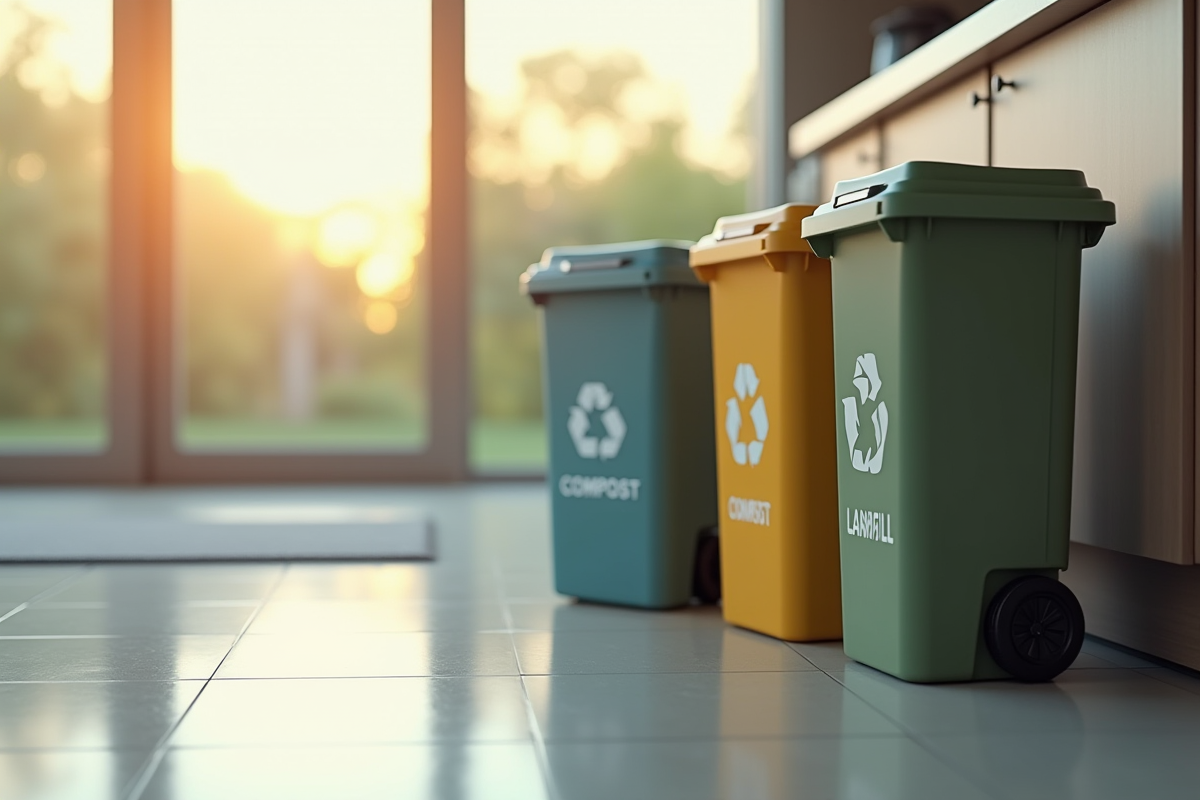 Conteneurs de déchets organisés dans une cuisine moderne lumineuse