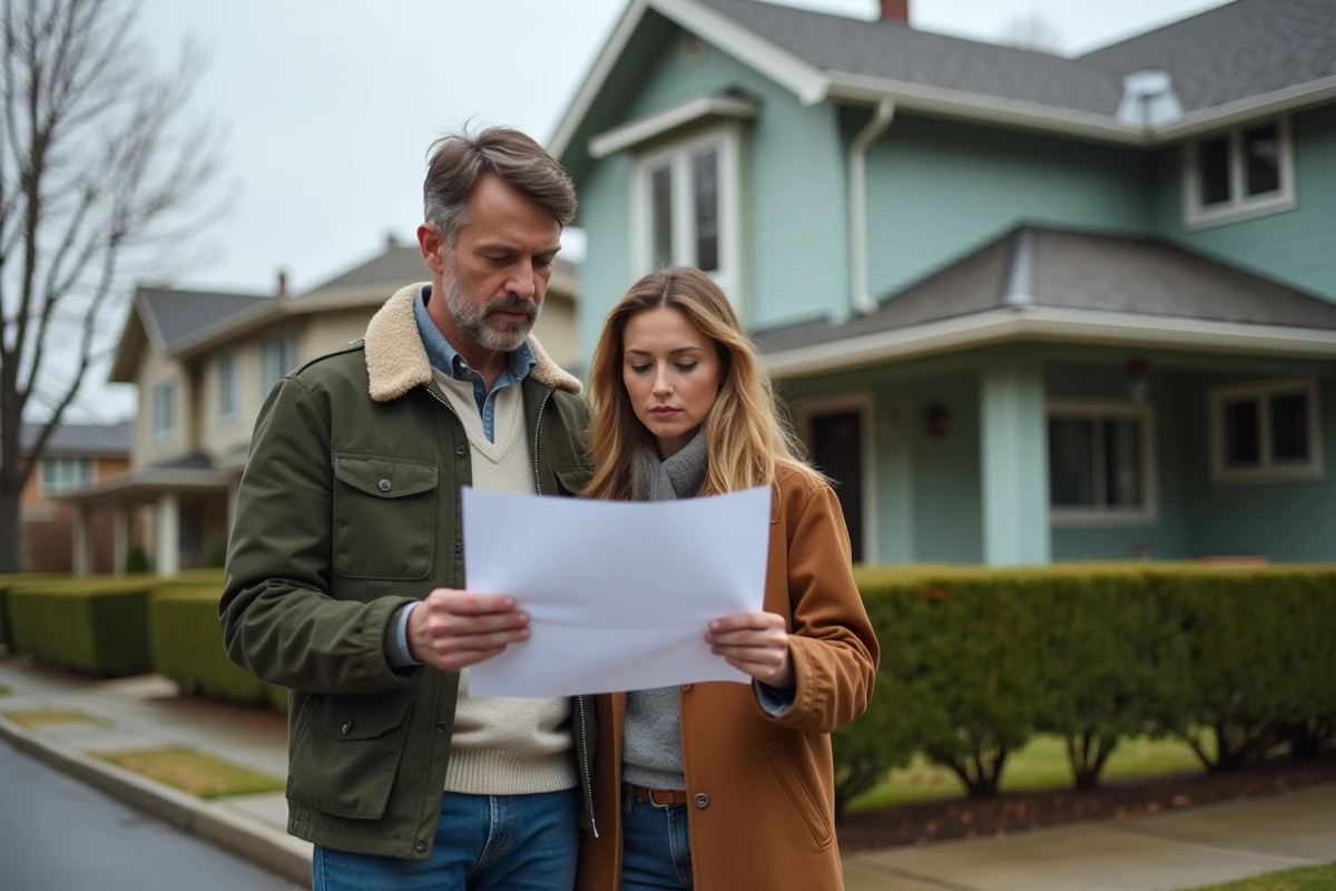 Couple évaluant un rapport d'expertise immobilière devant une maison pavillonnaire avant un achat immobilier