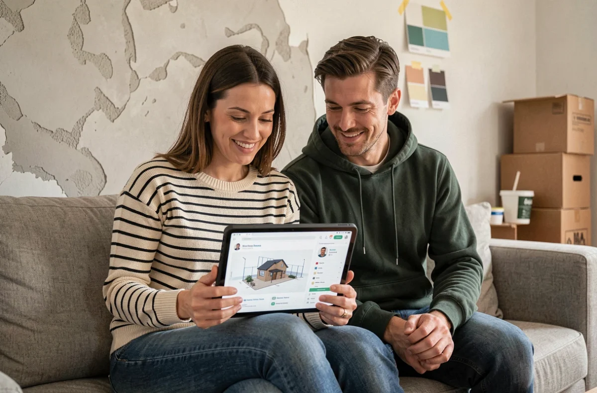 Couple consultant une plateforme de rénovation sur une tablette dans leur salon en cours de travaux