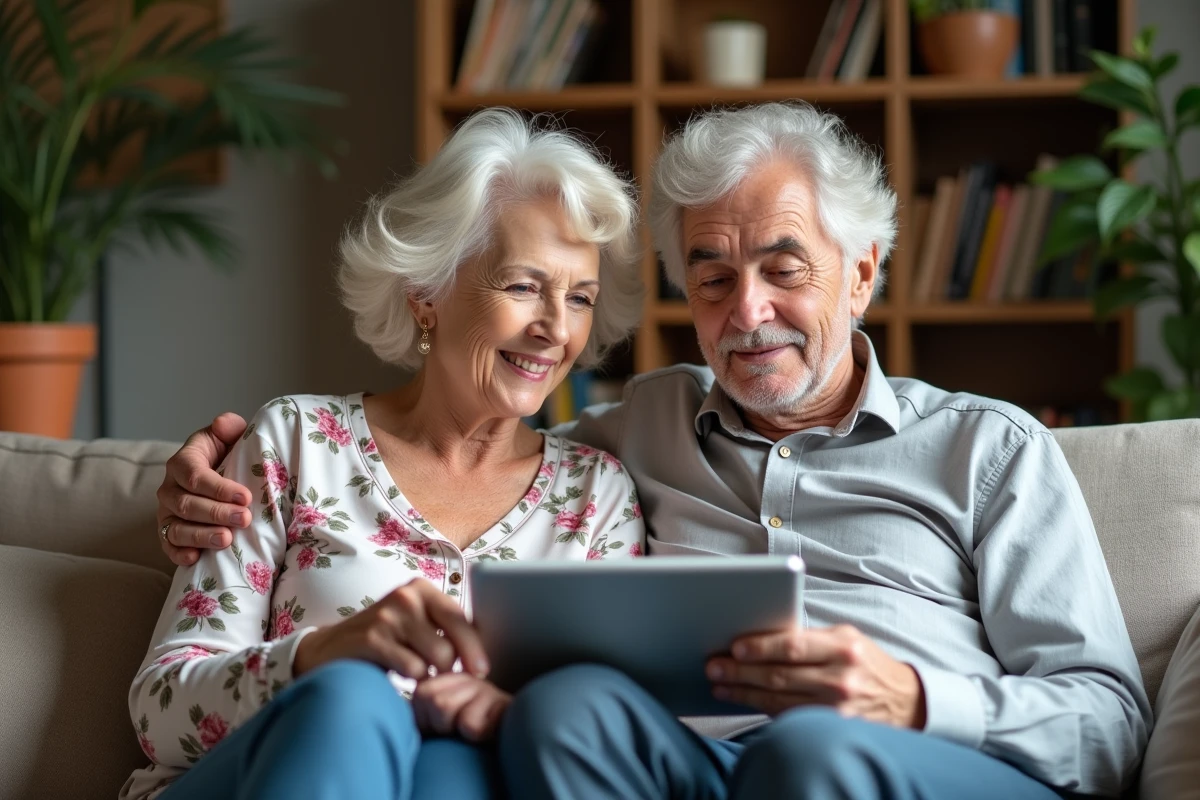 Couple de retraités consultant ensemble leurs fiches de paie archivées sur une tablette via MyPeopleDoc