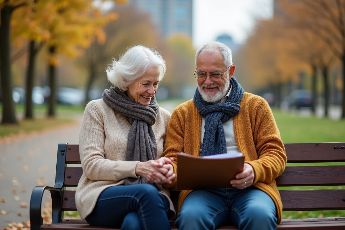 Couple senior assis dans un parc automnal regardant un dossier assurance
