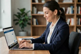 Femme professionnelle créant un compte en ligne pour un salon B2B depuis son bureau à domicile