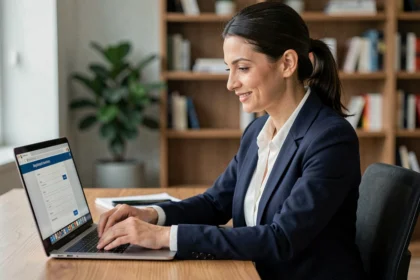 Femme professionnelle créant un compte en ligne pour un salon B2B depuis son bureau à domicile