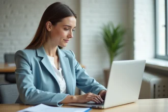 Femme entrepreneur consultant les démarches de création d'entreprise en ligne sur un ordinateur portable dans un espace de coworking moderne