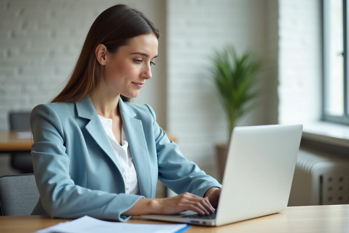 Femme entrepreneur consultant les démarches de création d'entreprise en ligne sur un ordinateur portable dans un espace de coworking moderne