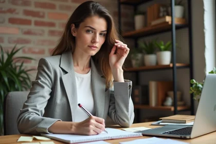 Entrepreneuse travaillant sur son projet de création d'entreprise digitale avec un ordinateur portable et des notes manuscrites dans un bureau à domicile