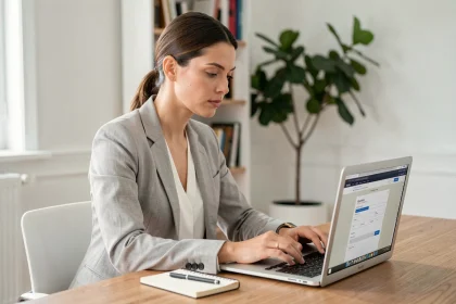 Femme en blazer gris remplissant une demande de devis en ligne sur un ordinateur portable dans un bureau à domicile