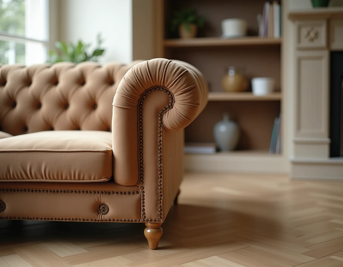 Détail de la finition et du capitonnage d'un canapé SOFFRAN Tapizados en velours taupe avec coutures précises et pieds en bois satiné