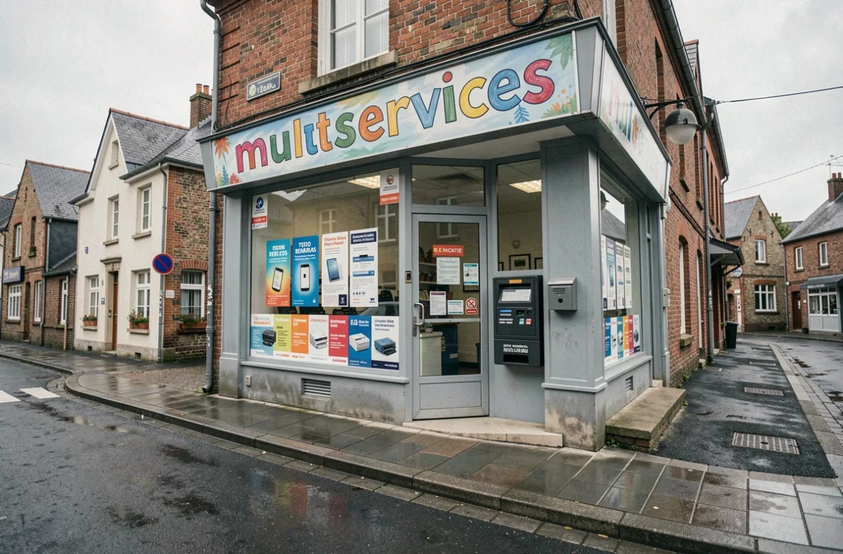 Devanture du commerce de quartier RIM 2 Multiservices à Rennes, avec vitrine affichant les services disponibles comme le rechargement téléphonique et l'impression