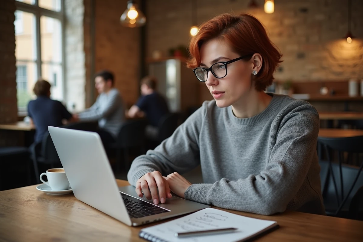 Développeuse web freelance travaillant sur une refonte de site pour une agence digitale depuis un café à Montpellier