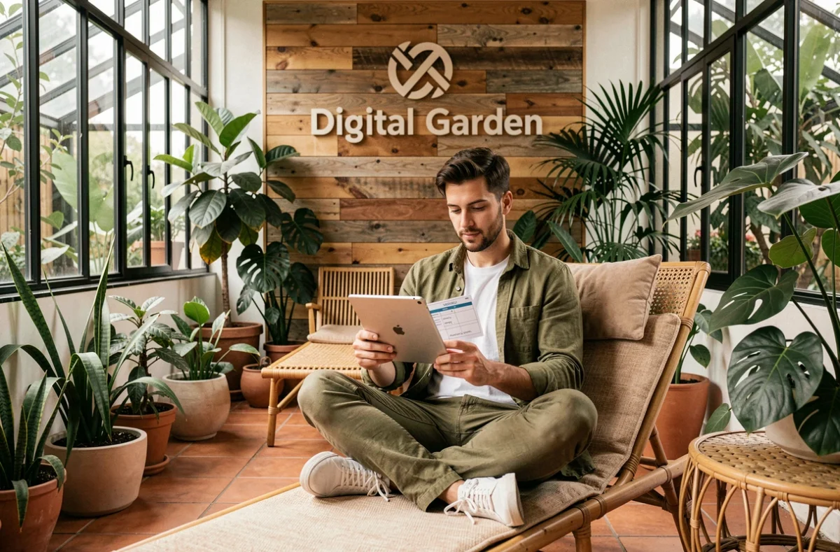 Stratège SEO de Digital Garden en veste lin olive sur un fauteuil lounge dans un espace de travail botanique avec panneau en bois recyclé et plantes abondantes