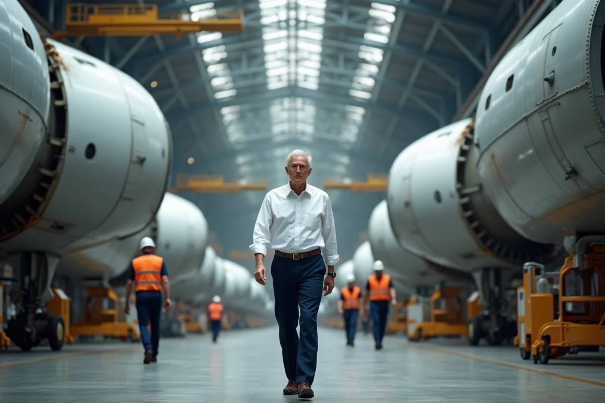 Directeur général de l'industrie aéronautique marchant sur un site de fabrication d'avions commerciaux Airbus