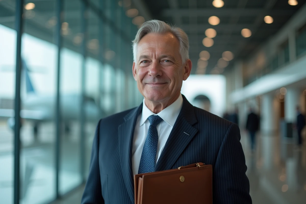 Dirigeant d'Airbus en costume dans le hall du siège social avec vue sur un hangar d'assemblage d'avions