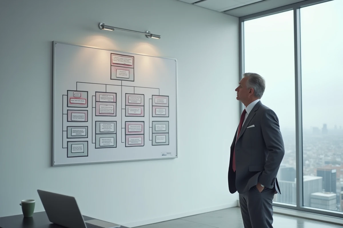 Dirigeant d'entreprise face à un organigramme de holding complexe avec des erreurs de structuration identifiées