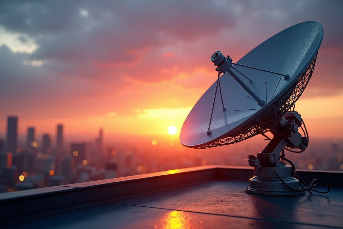 Dish Starlink au lever du soleil avec la ville en arrière-plan