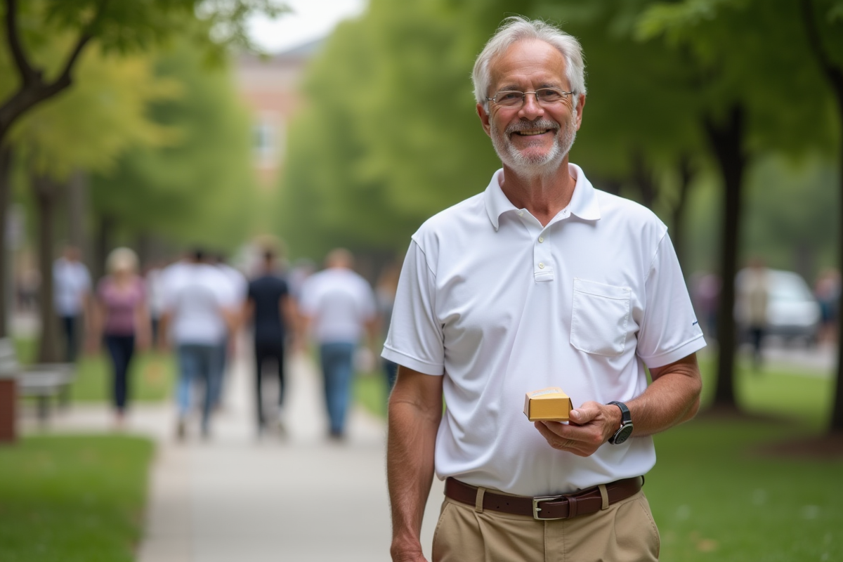 Homme souriant distribuant de la nourriture dans un parc avec une équipe