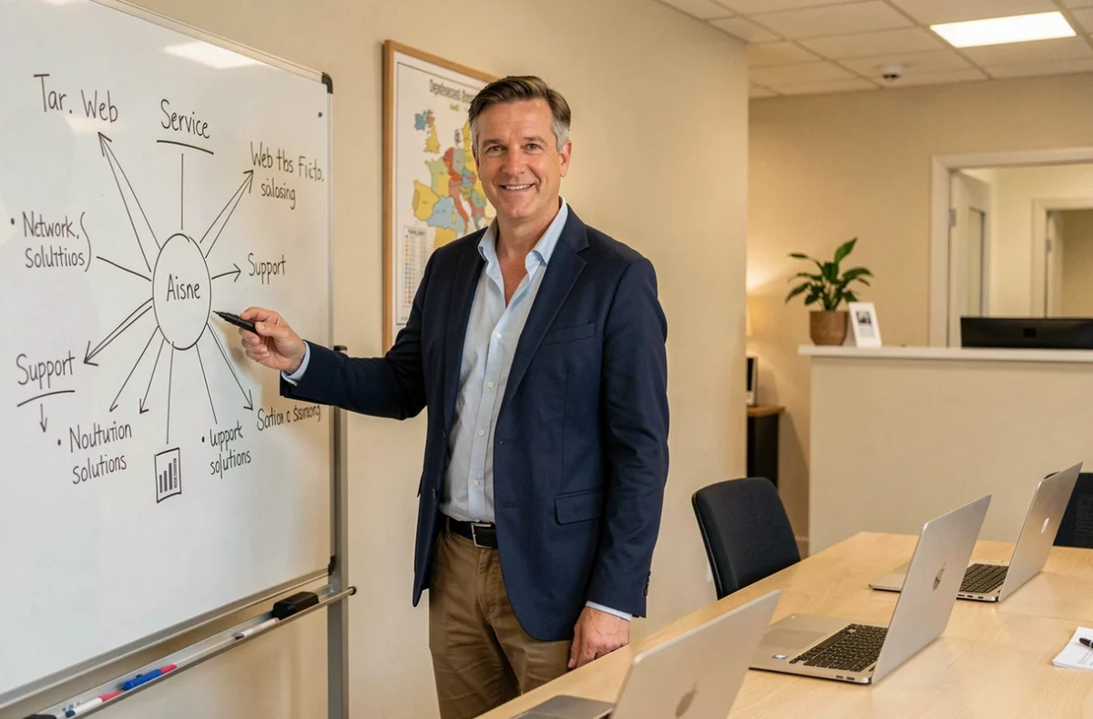 Consultant informatique d'e-Progest à Laon présentant une carte de services multicanaux sur un tableau en verre dans un bureau professionnel