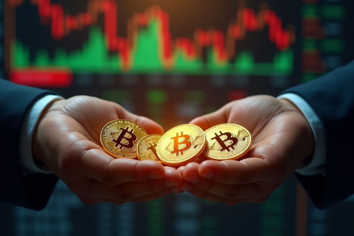 Echange de bitcoins dorés entre mains devant un tableau numérique