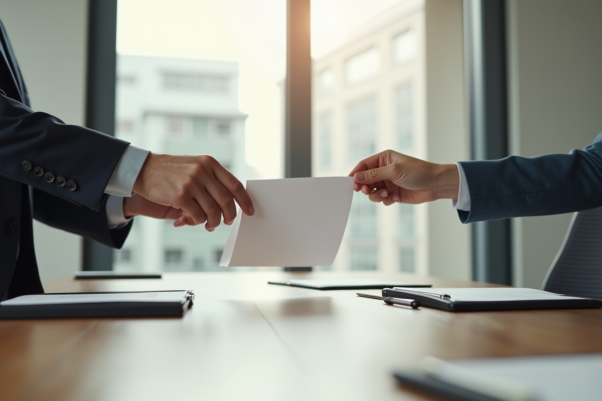 Deux mains échangeant un contrat de travail signé