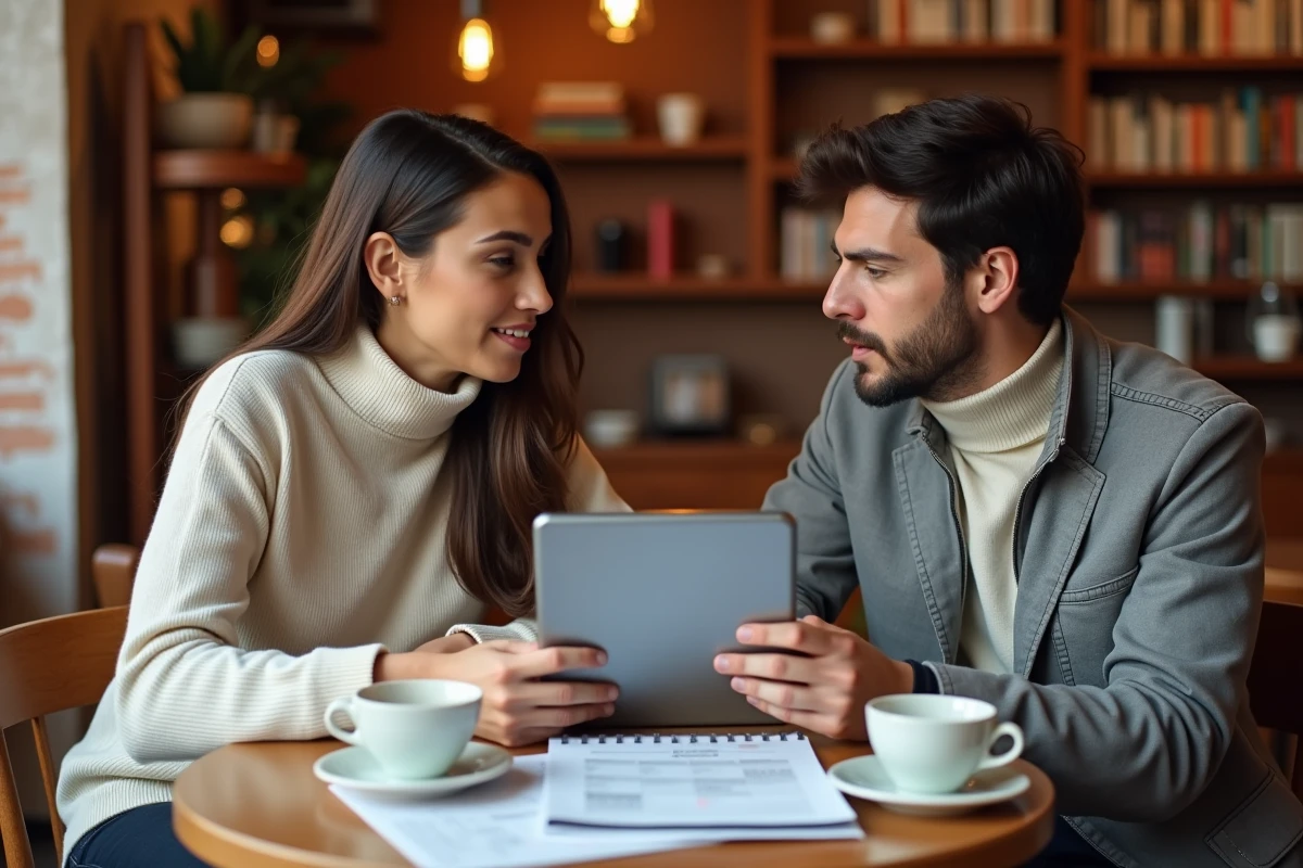 Deux professionnels de la communication échangeant des idées autour d'un blog sur tablette dans un café parisien contemporain