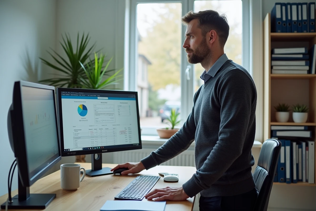 Employé utilisant un logiciel de gestion de paie depuis son bureau à domicile