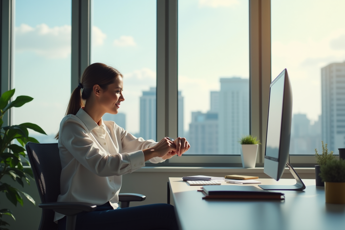 Employé seul au bureau regardant sa montre en se détendant