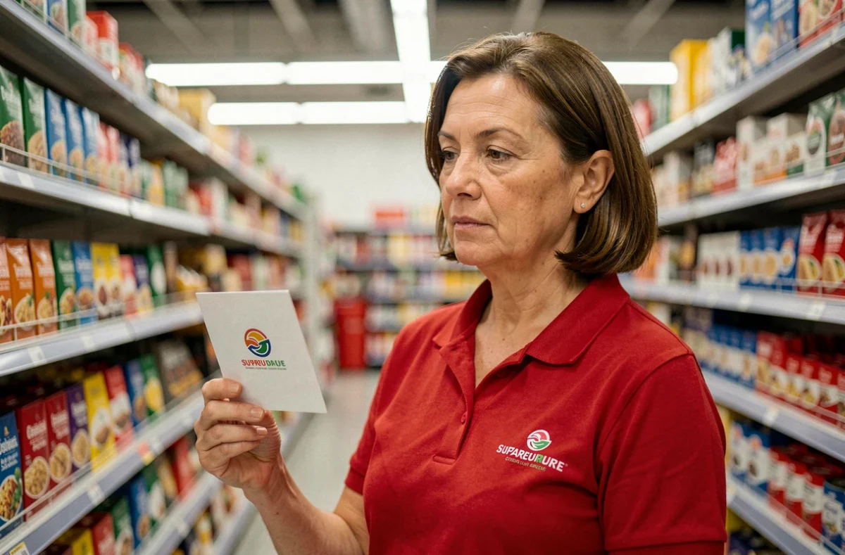 Employée de supermarché en polo rouge tenant une carte avec le nouveau logo Intermarché dans un rayon de magasin