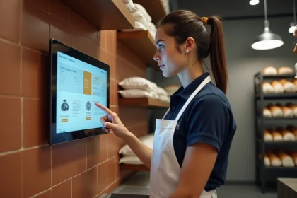 Employée de boulangerie consultant l'intranet Blachère sur une tablette en arrière-boutique