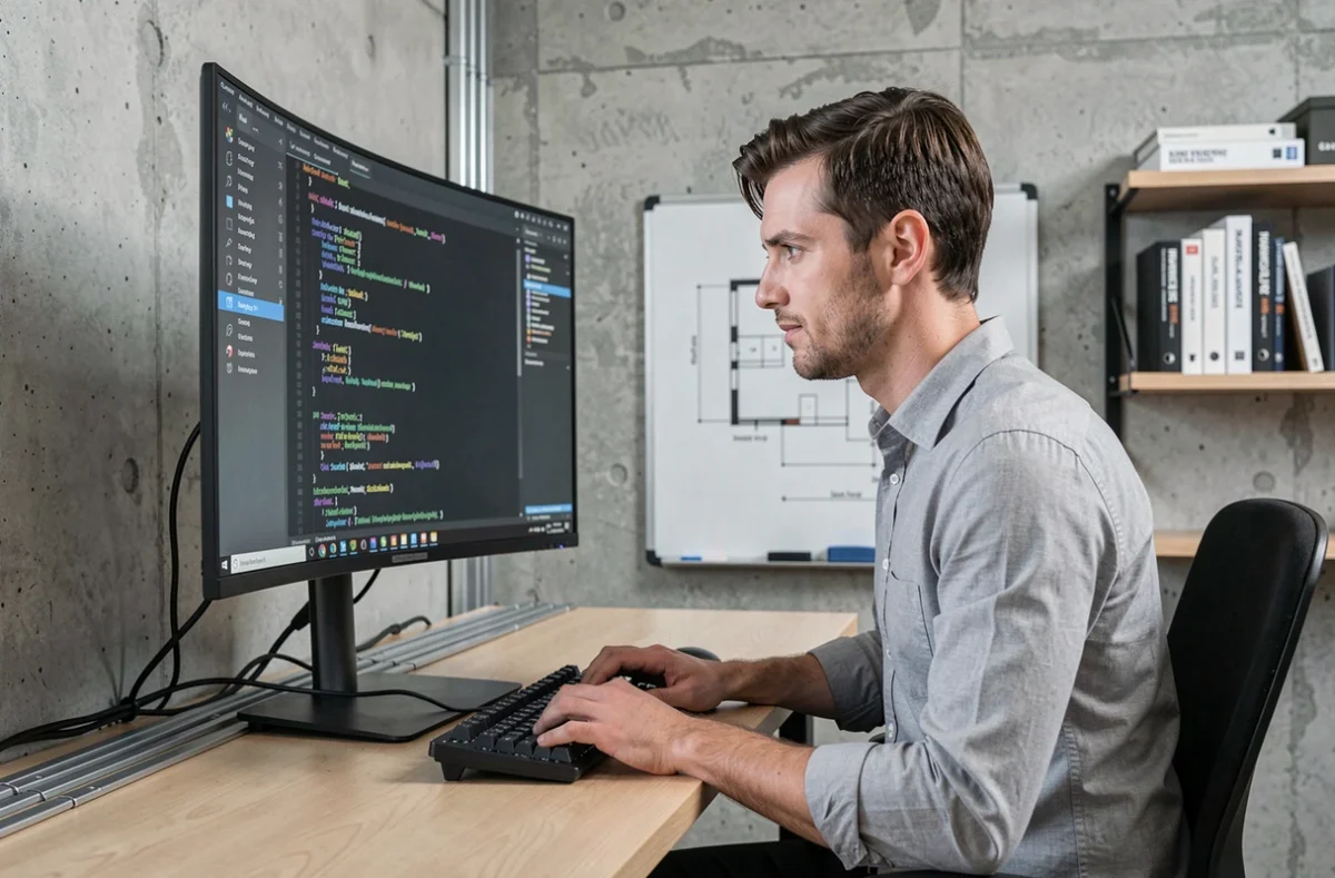 Développeur web de l'agence Ensemble Web à Saint-Quentin écrivant du code sur mesure devant un grand moniteur ultrawide