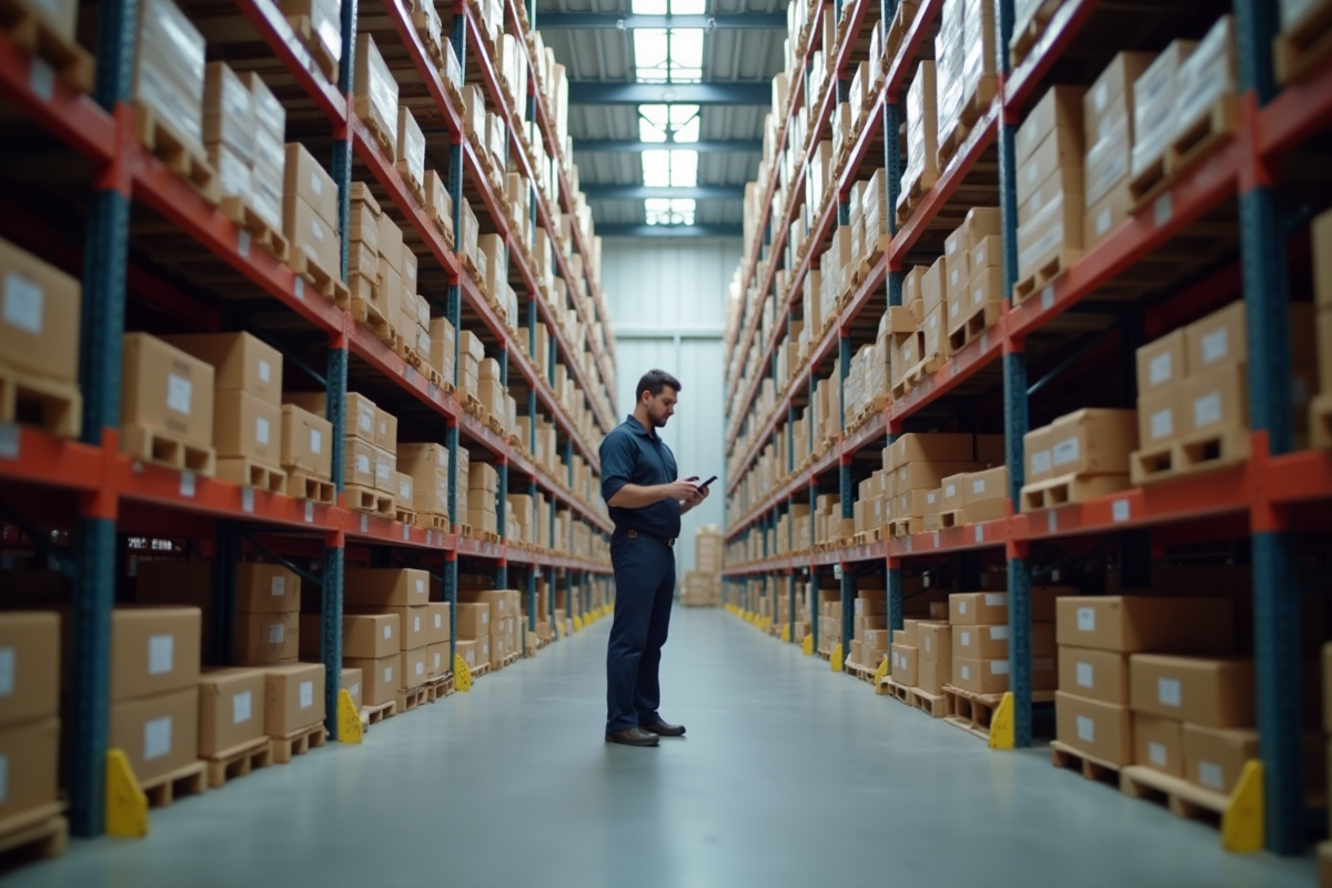 Entrepôt bien organisé avec employé vérifiant le stock avec une tablette