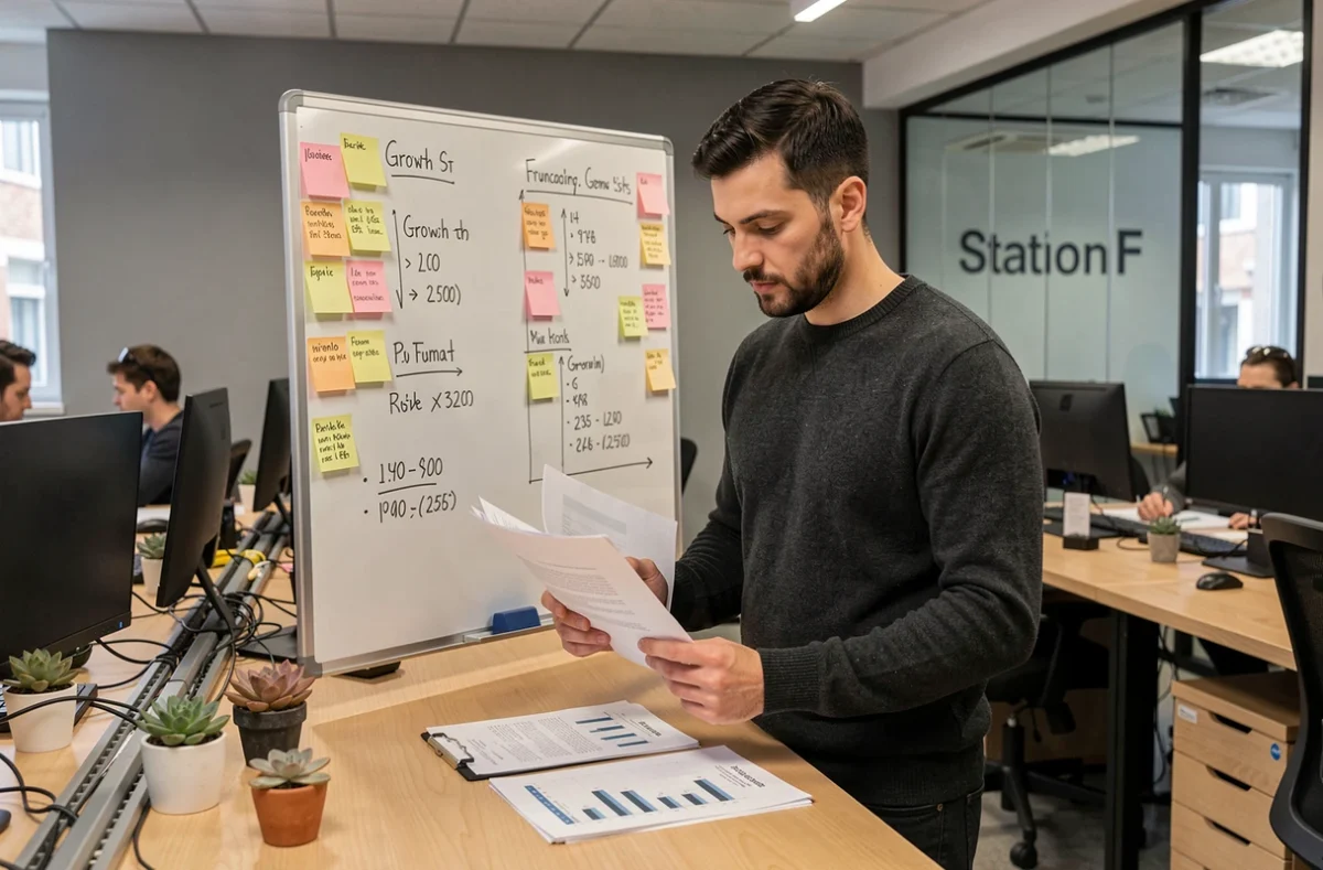 Entrepreneur en startup analysant des documents financiers et des métriques de levée de fonds dans un open-space de Station F