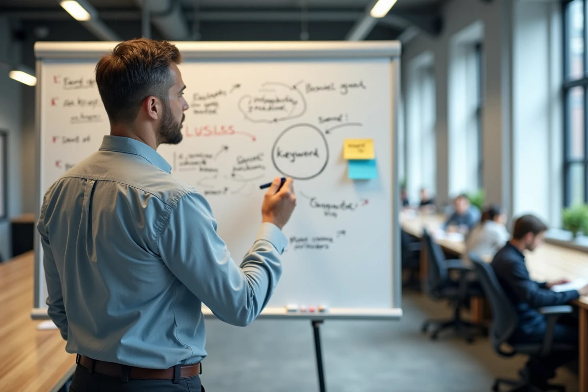 Entrepreneur masculin planifiant son projet de business en ligne sur un tableau blanc dans un espace de coworking