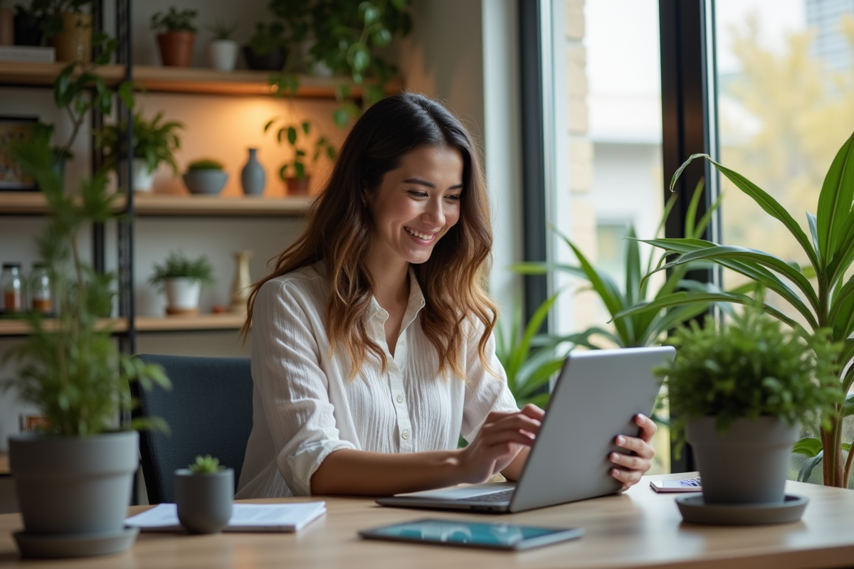 Entrepreneur organisant contacts clients sur une tablette moderne