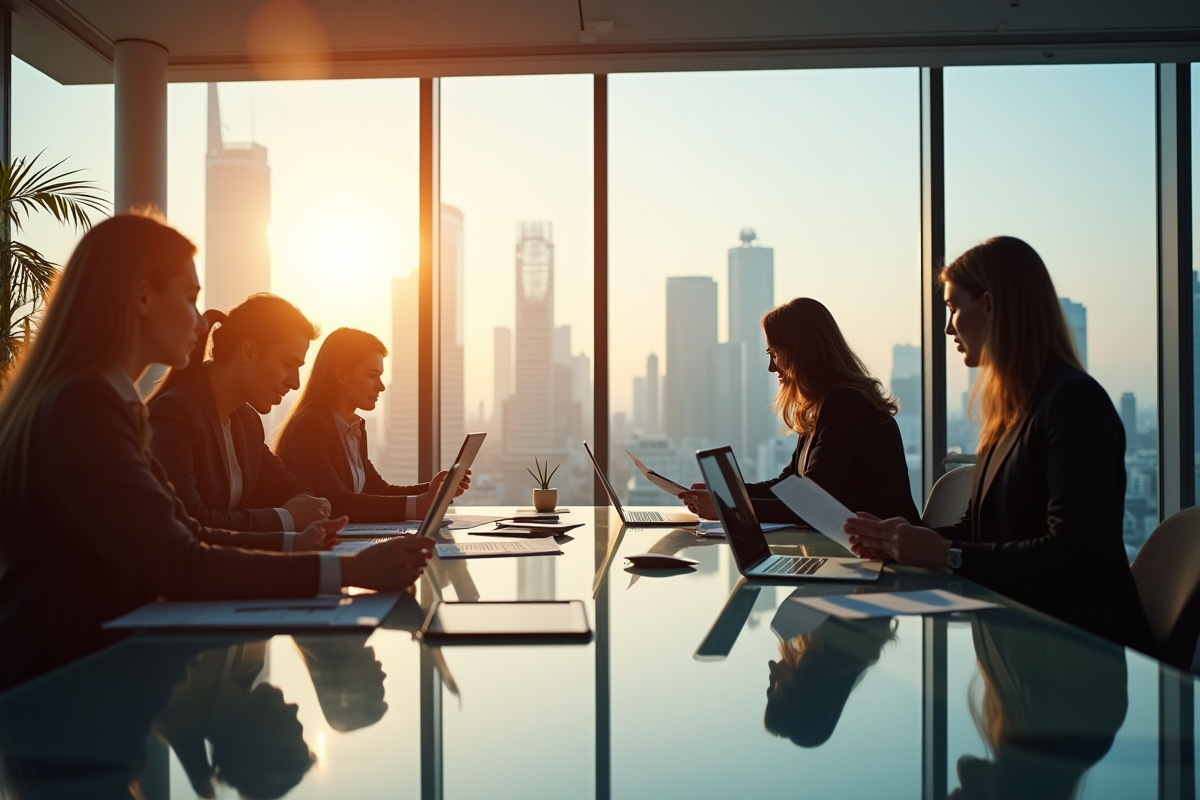 Equipe d'affaires moderne dans un bureau lumineux avec vue sur la ville