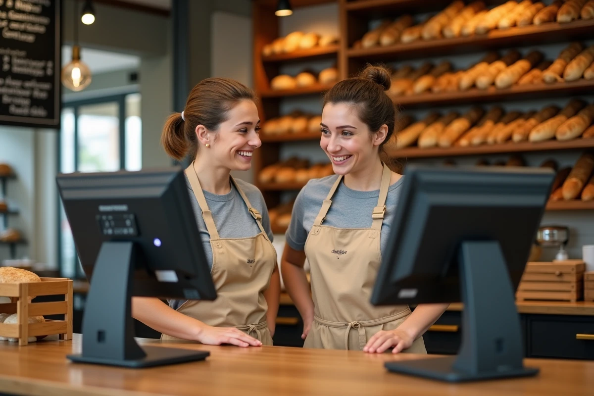 Deux employés de boulangerie Blachère utilisant ensemble l'intranet sur un terminal en salle de vente