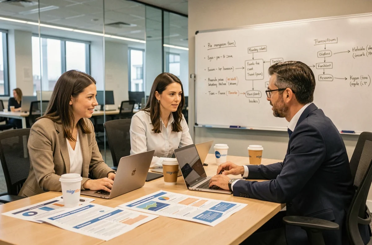 Équipe professionnelle en réunion collaborant sur un plan de transition vers un nouveau système de connexion en entreprise